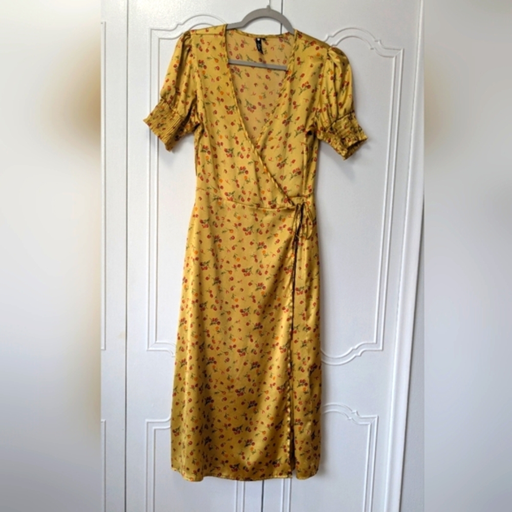Influence Yellow Silky Roses Print Tie Front Midi Sundress Made In India SzS